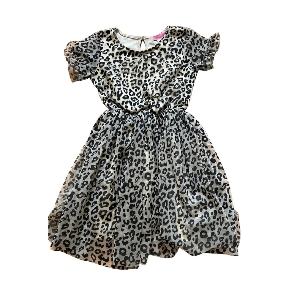 2-Hip Leopard‎ Print Dress Kids Tan Black Mesh Ruffle Sleeve SIZE 6